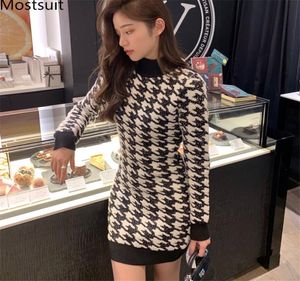 Houndstooth Kadın Kore İnce Mini Elbise Uzun Kollu Stand Yakası Moda Vintage Kalem Elbiseleri Vestidos Femme 2020 Spring4935524