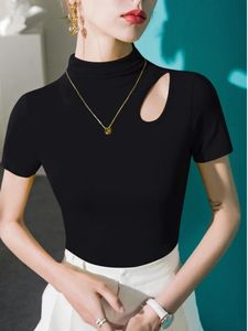 #4419 Summer T -shirt Kort ärm Solid Color Hollow out Office Skinny T Shirt Stand Collar Short Womens Tee Shirts Modal Cotton 240520