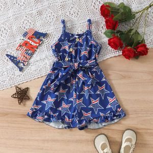 Jumpsuits Toddler Kids Clothes Girls Rompers Ruffles Star Print Sleeveless Belt Jumpsuits Overalls Clothing Independence Day Outfits Y240520N45S