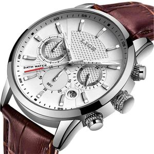 Mens Watches Lige Top Brand Leather Chronograph Waterproof Sport Automatisk datum Quartz Watch for Men Relogio Masculino 210407 291i
