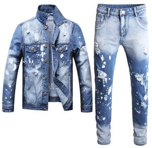 Blå spårningsdräkter rippade hål Mens 2 -stycken sätter nya kontrasterande färgdesign Autumn Winter Slim Fit Denim Jacket jeans conuntos d6119778