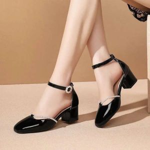 String Bead Women Woman Summer Sandals Square Thick Mid Heels Buckle Strap Cover Round Toe Pu L 139