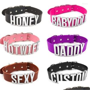 Chokers gargantilha de luxo letra de strass letra grande palavras de esposa para mulheres homens moda preto colar de couro preto nome de colarinho personalizado Diy dhaft