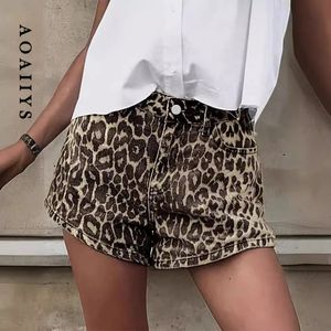 Aoaiiys Leopard Print Short Denim Pants Casual Button Vintage Dropped Zippers Female Shorts Summer Y2k Streetwear 240508