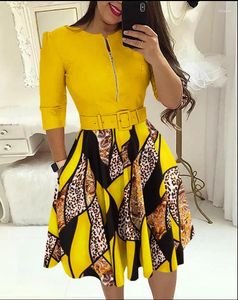 Casual Dresses Women's Fashion Dress Round Neck Printed Belt Mid-Long Sleeve 2024 Leopard Print Color Block Zipper Short