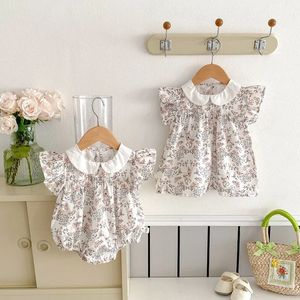 Summer Sister Match Clothes Princess Baby Girl Fly Sleeve Flower Romper Cotton Bodysuit Peter Pan Collar Dress One-Pieces 240520