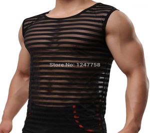 Men039s Tank Tops Whole Men Sexy Male Sex Underwear Stripe See Through Gay Clothing Mesh Shirts Man Clothes Undershirts Ve2897621