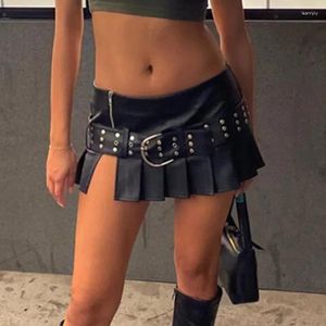 Kjolar sexig pu läder a-line veckad mini kjol svart tappade midjan slits super kort med bältet kvinnor punk streetwear