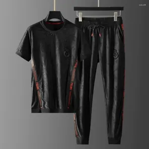 Men's Tracksuits European High-end Jacquard Ribbon Splicing Short Sleeve Suit Summer Korean Version Large Size Trend Two-piece Set