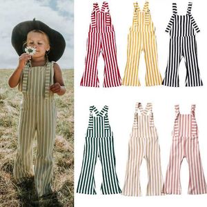 Jumpsuits 2024 New Toddler Kids Baby Girls Clothes Sleeveless Stripe Romper Jumpsuit Flare Long Pants Overalls Summer Fall Kids Clothing Y240520L1V1