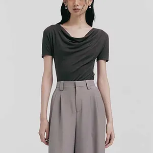 Women's T Shirts Acetate Fabric Swing Neck Short Sleeve Y2k Side Slit Hem Elegant Commuter Peplum Tees Tops Summer 2024