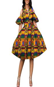 Bintarealwax Nya bomullsfrikanska tryckklänningar för kvinnor Bazin Riche Women Vneck Kne Length Tutu Dress African Style Clothing WY22310151