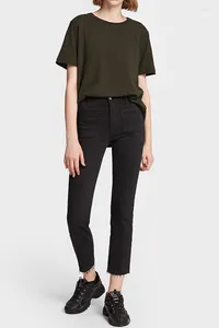 Women's Jeans Women's Front Patch Pocket Black High-Waisted Cropped Pants With Loose Hem And Small Leg