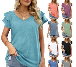 AST630338# Street Fashion Essential Summer Women's New Solid Color V-Neck Double-Layer Lotus Leaf Edge Petal Sleeve Design Loose Top T-shirt