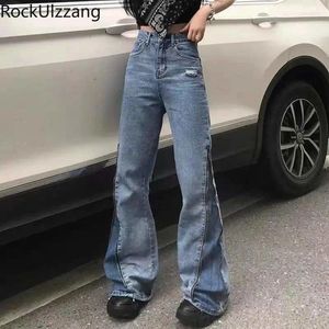 Kvinnors jeans sidosätt blixtlås kontrast flare denim byxa rippade klocka botten lätt bootcut kvinnor lösa mode casual lång byxor y2k