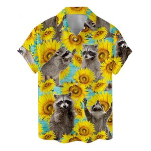 Animal Cat Raccoon Hawaiian Shirts Men 3D Print Dinosaur Pattern Shirt Button Lapel Short Sleeves Fashion Aloha Shirt Clothing 240520