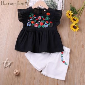 Humor Bear Girls Set Summer Flying-Sleeve Blumensticke T-Shirt + Solid Shorts 2pcs lässige Kinder Kleidung L2405 L2405