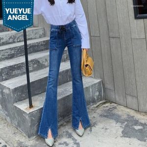 Women's Jeans Light Streetwear Blue Split Flared Women Spring High Waist Vintage Slim Bell-Bottom Pants Washed Elastic Trousers