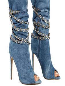 Fashion boots stiletto heel chain blue denim boots jeans peep toes high heels winter boots women shoes half botas party shoes1781254