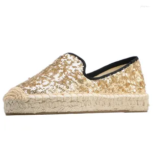 Casual Shoes Dzym Spring Summer Sequined Tyg Women Flats Luxury Design Golden Sneakers Grass Woven Fisherman Loafers Espadrilles