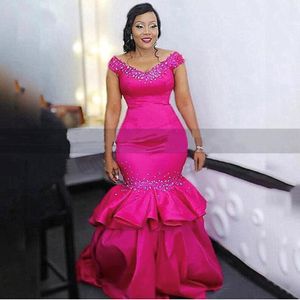 Hot Pink Tiered Mermaid Evening Dresses With Beads Sequins Off Shoulder Women Long Formal Evening Dress Graduation Gown 303J