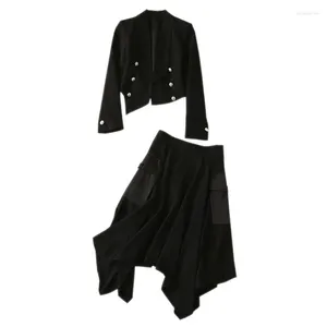 ワークドレスフォーマルオフィスの衣装ブラックスーツセット二重胸ボタン不規則なジャケット膝の長さフリル非対称スカート