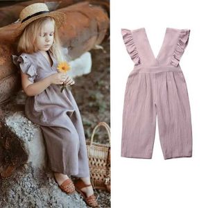 Jumpsuits 1-6y Barn och flickor Suspender Pants Full Set of Baby Summer Clothing Pleated Sleeveless V-Hals Jumpsuit Casual Childrens Clothing Y2405201CQM