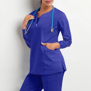 Assunzione di lavoro da lavoro da donna vestiti da lavoro vestiti a colori lunghi a maniche lunghe uniformi a v -collo maglietta da lavoro con tasche 240520