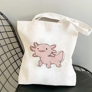 Shoppingväskor kawaii rosa axolotl handväska vikbar återanvändbar tyg kvinnor elegant shoppare harajuku väska student canvas tote livsmedelsbutik