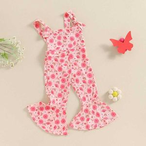 Jumpsuits Suefunskry little girl bell bottom jumpsuit with flower square neckline sleeveless lace up flash pants jumpsuit for children summer jacket Y2405203XBL