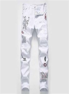 NOWOŚĆ OSOBALNOŚCI STREETWEAR STREETWEAR Zerwane Białe chude dżinsy Hip Hop punkowy swobodny motocykl dżinsowe dżinsowe spodnie x06219187936