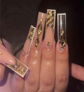 Falska naglar Lång kista bärbar ballerina Fake Luxury Gold Tower Diamond Nude Glitter Full Cover Nail Tips Set Press på 06161569188