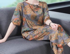 Ladies Fashion Wideleg Pants Suit Womens Summer Dress Loose MiddleAged Elderly Mother039s Age Reduction Twopiece Women0395006841