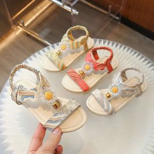 Girls Bohemian Style Sandals Sweet Cute 2024 Summer New Kids Fashion Beach Shoes with Suower for Vacation Back Elastic Band