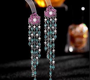 Orecchini europei e americani colorati fiore di zirconio 925 Ago argento in stile Nappa lunga in stile Camelia Earring Designer Jewelry