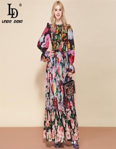 LD LINDA DELLA Fashion Runway Autumn Long Sleeve Maxi Dress Women039s elastic Waist Floral Print Elegant Party Holiday Long Dre9989424