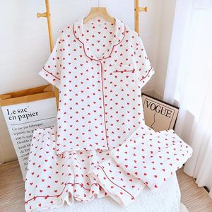 Home Clothing Pure Cotton Gauze Sweet And Caring Pajamas Women's Short Sleeved Shorts Long Pants Casual Three Piece Set