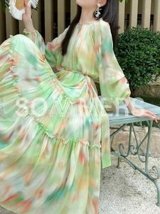 French Chiffon Fragmented Flower Dress 2024 Spring and Autumn New Womens Gentle Style Loose and Slimming Vacation Big Swing Long Dress 230508