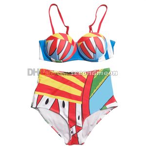 Crop Top Swimewear Women Bikini Set med vadderad kontrastfärgbaddräkt Hög midja baddräkt