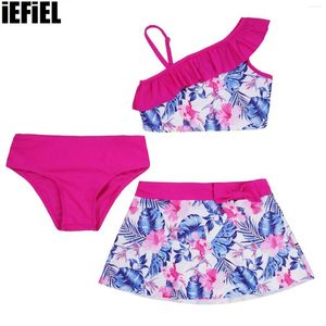 Clothing Sets 3Pc Kids Girls Floral Printing Swimsuits Summer Tankini Outfits Shoulder Ruffle Tank Vest Crop Tops Bikini Briefs Skirts