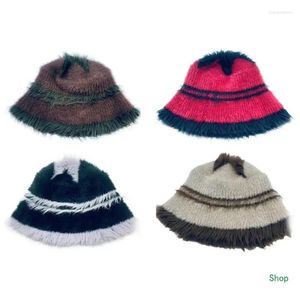Berets Dropship Winter Plush Crochet Bucket Hat Ladies Commute Camping Fisherman With Stripe Pattern For Girlfriend Gift