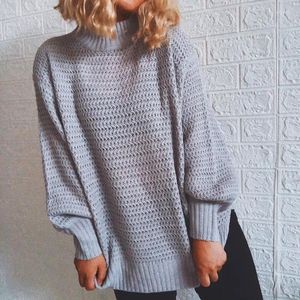 Kvinnors tröjor Fashion Autumn and Winter Loose Half High Hell Long Sleeve Solid Color Street Pullover Tröja Kvinnor Split Knit Top