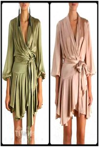 Luxury Summer Silk Blend Asymetrycal Dress Sashes Bow Casual Dress Piękny biuro dama elegancka impreza sukienki na bal maturalne 6114205