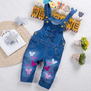 Jumpsuits Baby girl full set childrens denim Dungary embroidered butterfly pants toddler baby jumpsuit 0-4 years Y240520Z89I