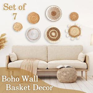 Decorative Figurines Set Of 7 Boho Wall Basket Decor Woven Rattan Seagrass Decoration Handmade Wicker Hanging Rustic Farmhouse