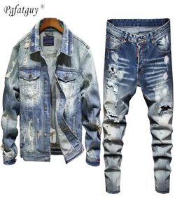 Retro Tracksuits Ripped Hole Men039s Sets Spring Autumn Lapel Denim Jacket Stretch Jeans Tattered Whiten 2 Piece Set Conjunto7705778