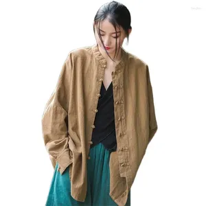 Jackets femininas vintage primavera verão linho de algodão Bloups Coat Women Women Boble-Buckle Cozle