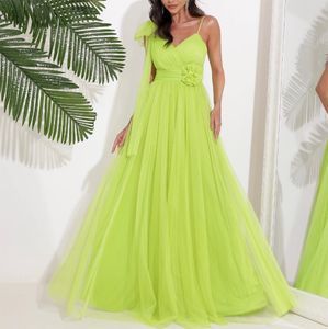 V Neck Evening Dress Long A Line Spaghetti Straps Tulle Formal Party Prom Gown for Women