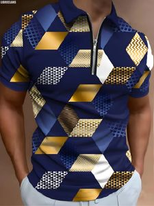 Vintage Gold Plaid Mönster 3D-tryck Mens Zipper Polo Shirt Summer Fashion Kortärmad Top Harajuku Streetwear 240520