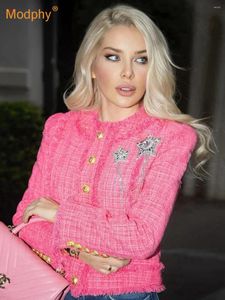 Women's Jackets Modphy Winter Sweet Luxury Tweed Rose Diamond Tassels Woollen Coats Elegant Straight Outerwear Tops Female